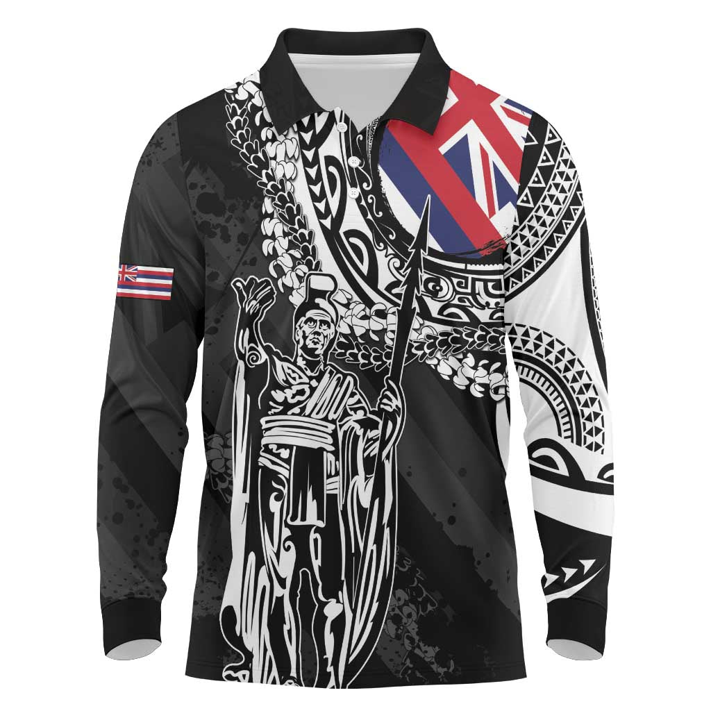 Hawaii King Flag Long Sleeve Polo Shirt Hawaiian Maile Lei LT05 Black - Polynesian Pride
