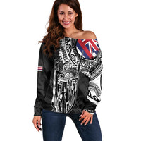 Hawaii King Flag Off Shoulder Sweater Hawaiian Maile Lei LT05 Women Black - Polynesian Pride