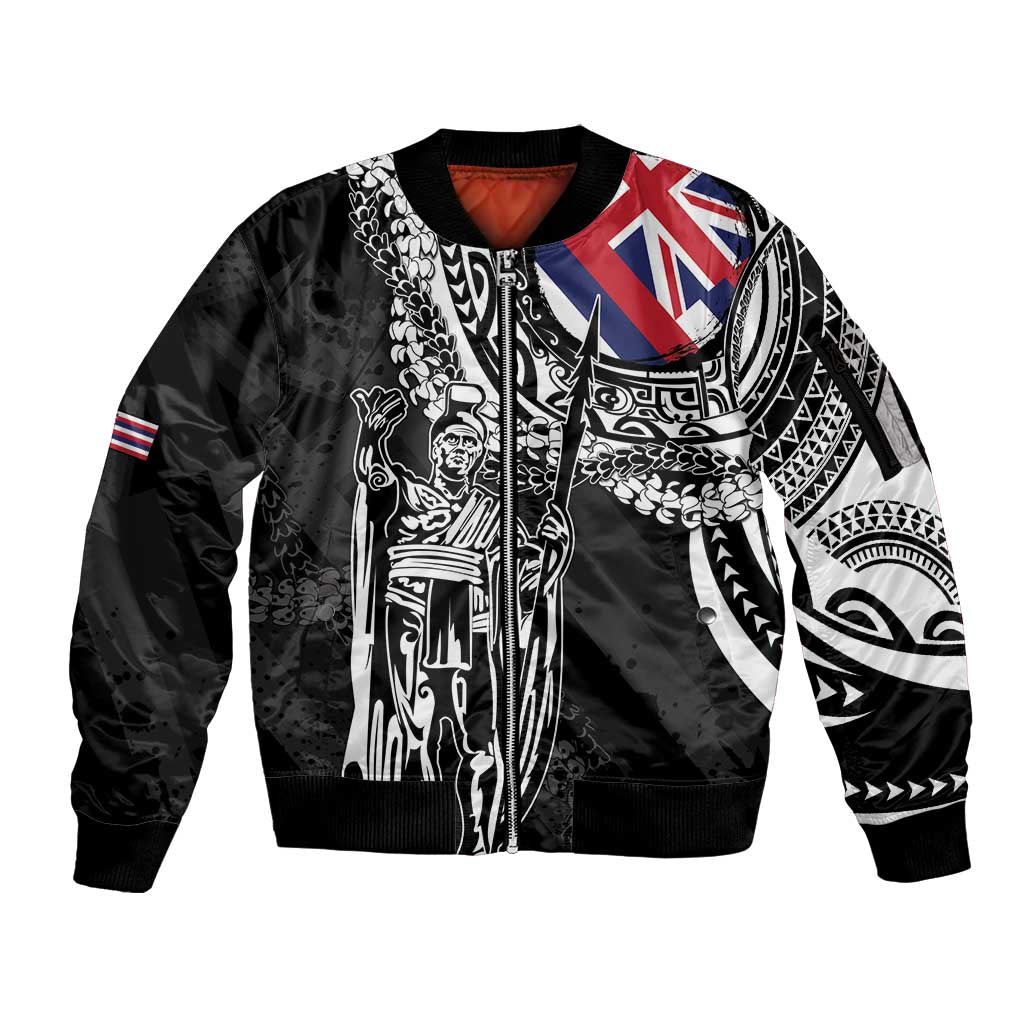 Hawaii King Flag Sleeve Zip Bomber Jacket Hawaiian Maile Lei LT05 Unisex Black - Polynesian Pride