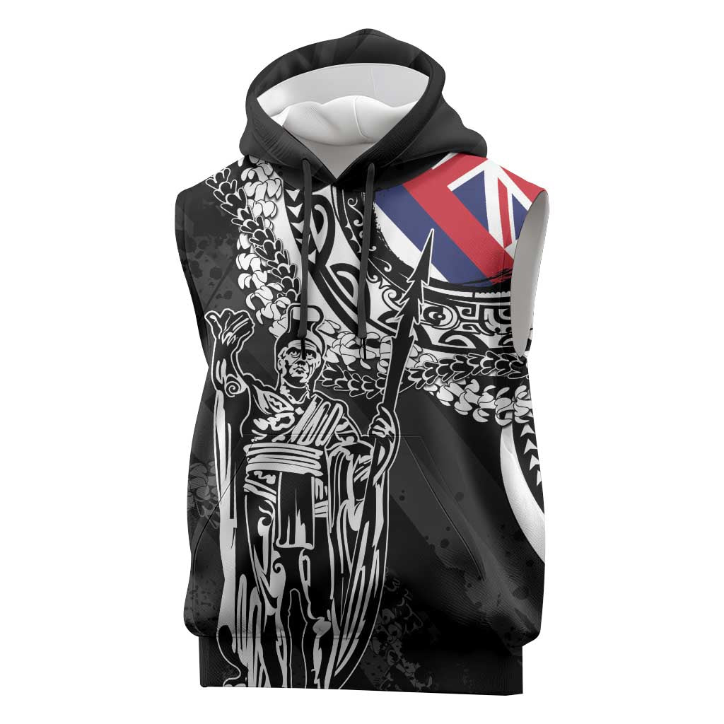 Hawaii King Flag Sleeveless Hoodie Hawaiian Maile Lei LT05 Black - Polynesian Pride