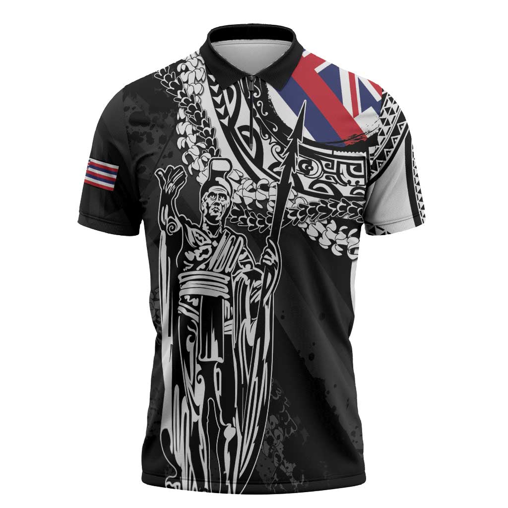 Hawaii King Flag Zipper Polo Shirt Hawaiian Maile Lei LT05 Black - Polynesian Pride