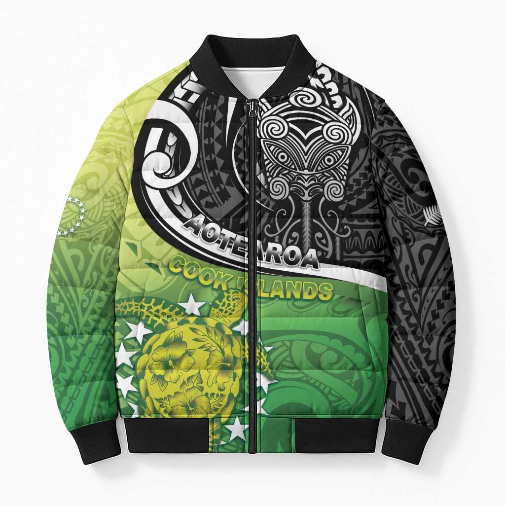 Personalised New Zealand Cook Islands Bomber Puffer Jacket Maori Tiki With Circle Stars Turtle LT05 Unisex Multicolor - Polynesian Pride