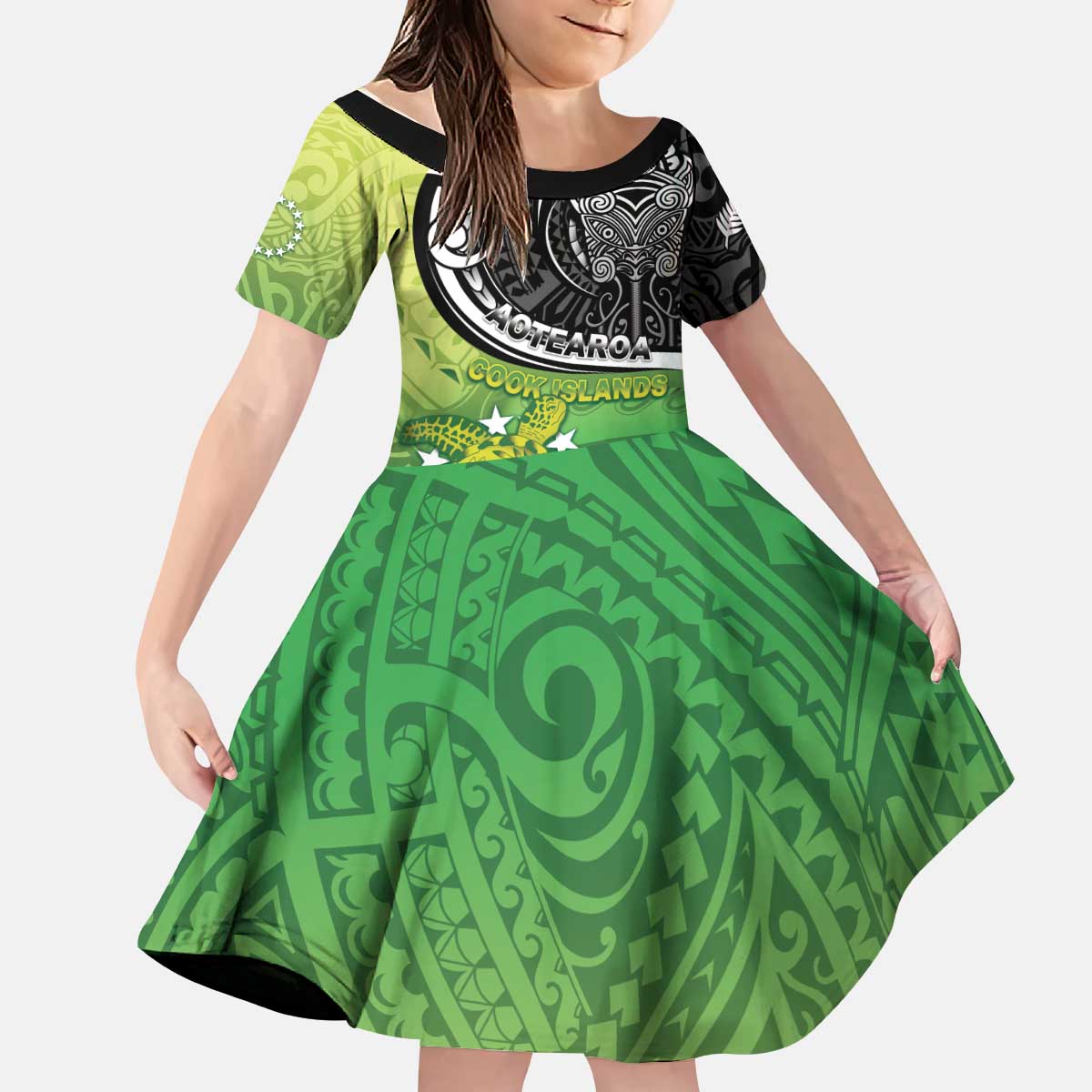 Personalised New Zealand Cook Islands Kid Short Sleeve Dress Maori Tiki With Circle Stars Turtle LT05 KID Multicolor - Polynesian Pride