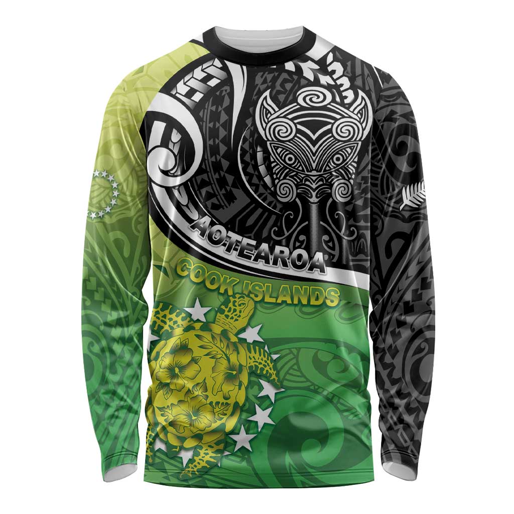 Personalised New Zealand Cook Islands Long Sleeve Shirt Maori Tiki With Circle Stars Turtle LT05 Unisex Multicolor - Polynesian Pride