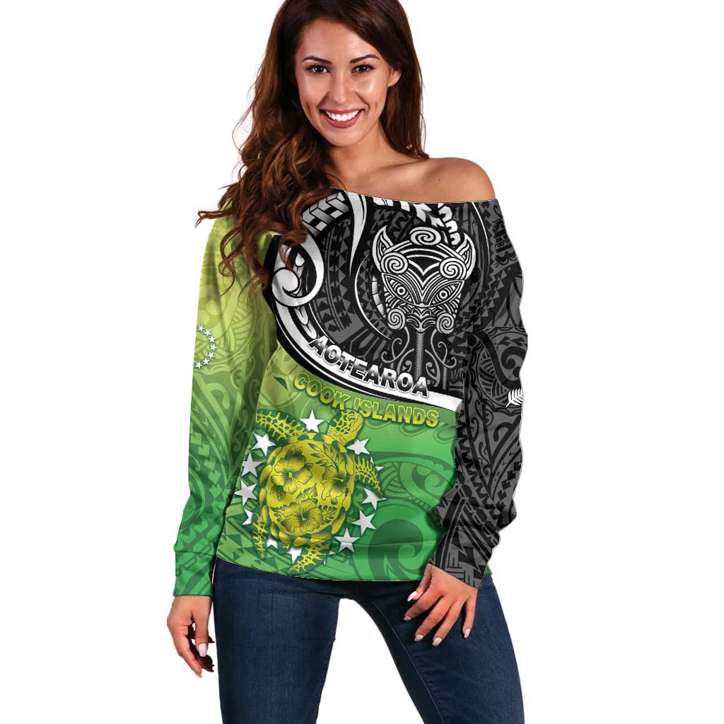 Personalised New Zealand Cook Islands Off Shoulder Sweater Maori Tiki With Circle Stars Turtle LT05 Women Multicolor - Polynesian Pride