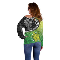 Personalised New Zealand Cook Islands Off Shoulder Sweater Maori Tiki With Circle Stars Turtle LT05 - Polynesian Pride