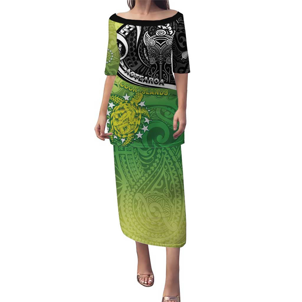 Personalised New Zealand Cook Islands Puletasi Maori Tiki With Circle Stars Turtle LT05 Long Dress Multicolor - Polynesian Pride