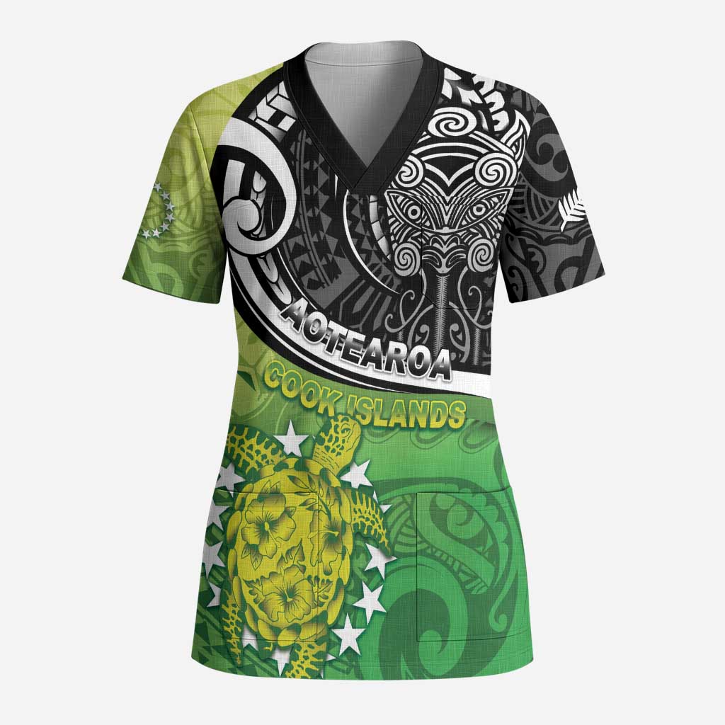 Personalised New Zealand Cook Islands Scrub Top Maori Tiki With Circle Stars Turtle LT05 Adult Multicolor - Polynesian Pride