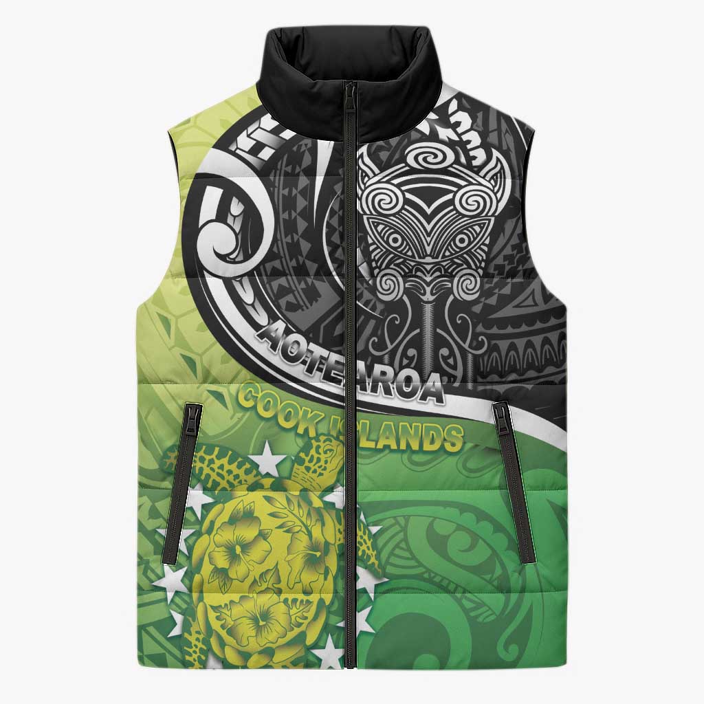 Personalised New Zealand Cook Islands Sleeveless Puffer Jacket Maori Tiki With Circle Stars Turtle LT05 Unisex Multicolor - Polynesian Pride