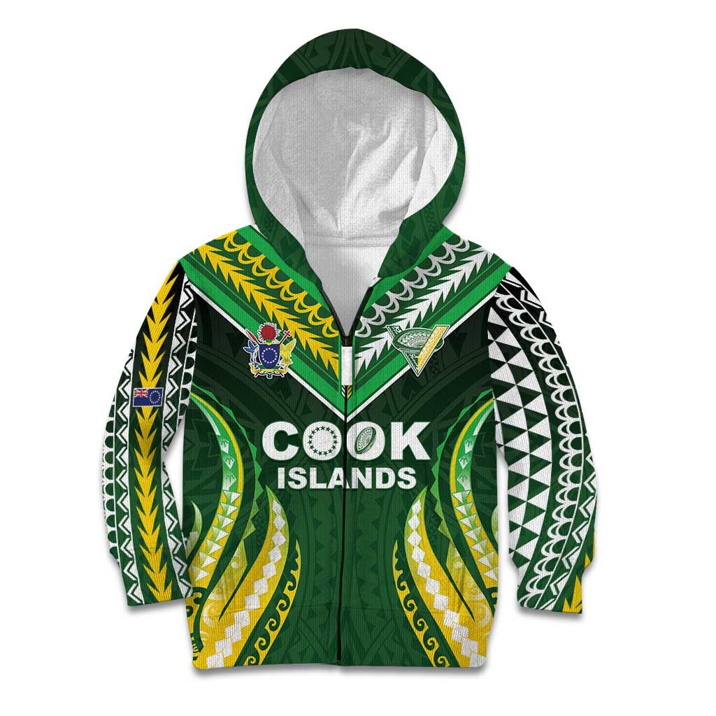 Custom Cook Islands Rugby Kid Hoodie Unique Style Green Version LT05 Zip Hoodie Green - Polynesian Pride