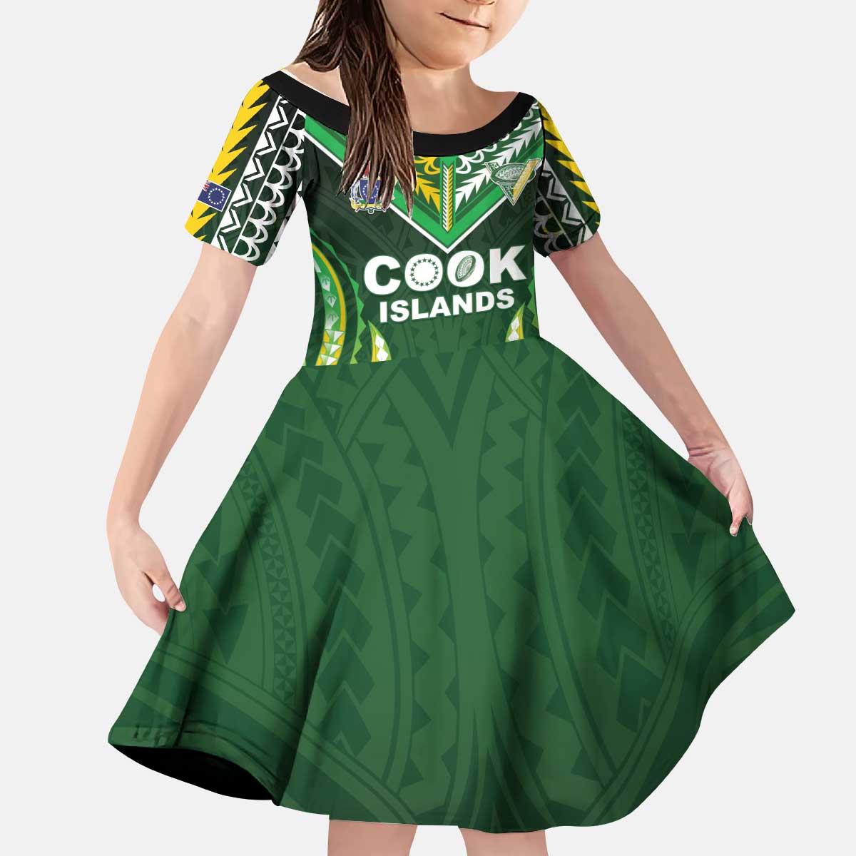 Custom Cook Islands Rugby Kid Short Sleeve Dress Unique Style Green Version LT05 KID Green - Polynesian Pride