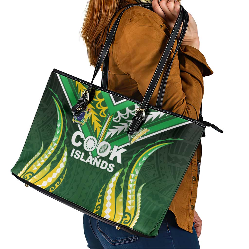 Cook Islands Rugby Leather Tote Bag Unique Style Green Version LT05 - Polynesian Pride