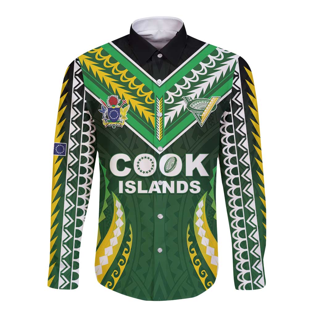 Custom Cook Islands Rugby Long Sleeve Button Shirt Unique Style Green Version LT05 Unisex Green - Polynesian Pride