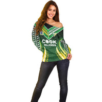 Custom Cook Islands Rugby Off Shoulder Sweater Unique Style Green Version LT05 - Polynesian Pride