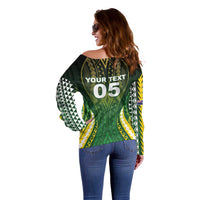 Custom Cook Islands Rugby Off Shoulder Sweater Unique Style Green Version LT05 - Polynesian Pride