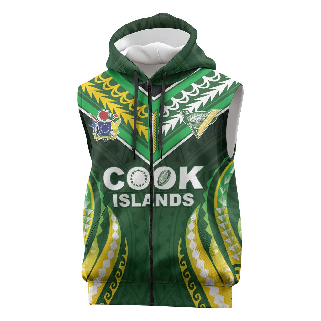 Custom Cook Islands Rugby Sleeveless Zip Hoodie Unique Style Green Version LT05 Green - Polynesian Pride