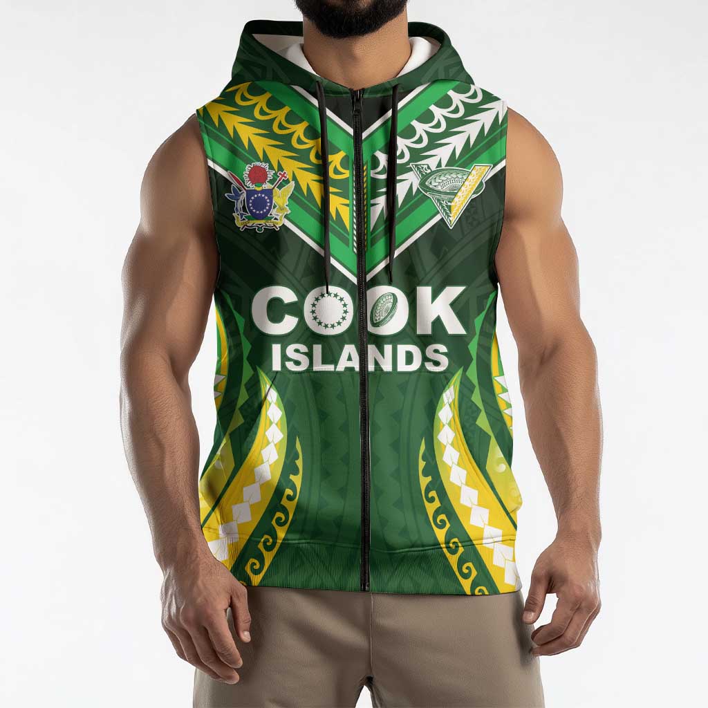 Custom Cook Islands Rugby Sleeveless Zip Hoodie Unique Style Green Version LT05 - Polynesian Pride