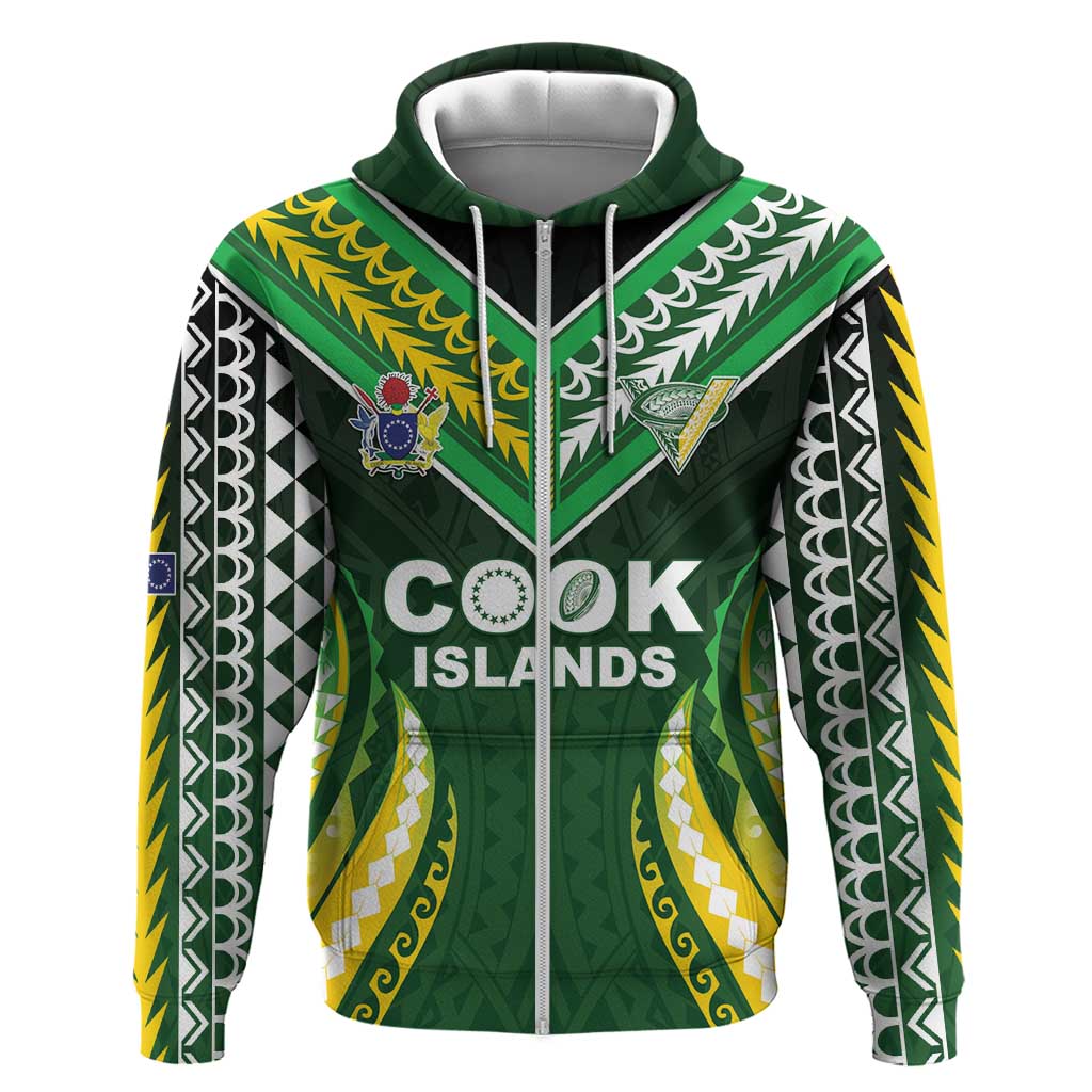 Custom Cook Islands Rugby Zip Hoodie Unique Style Green Version LT05 Zip Hoodie Green - Polynesian Pride