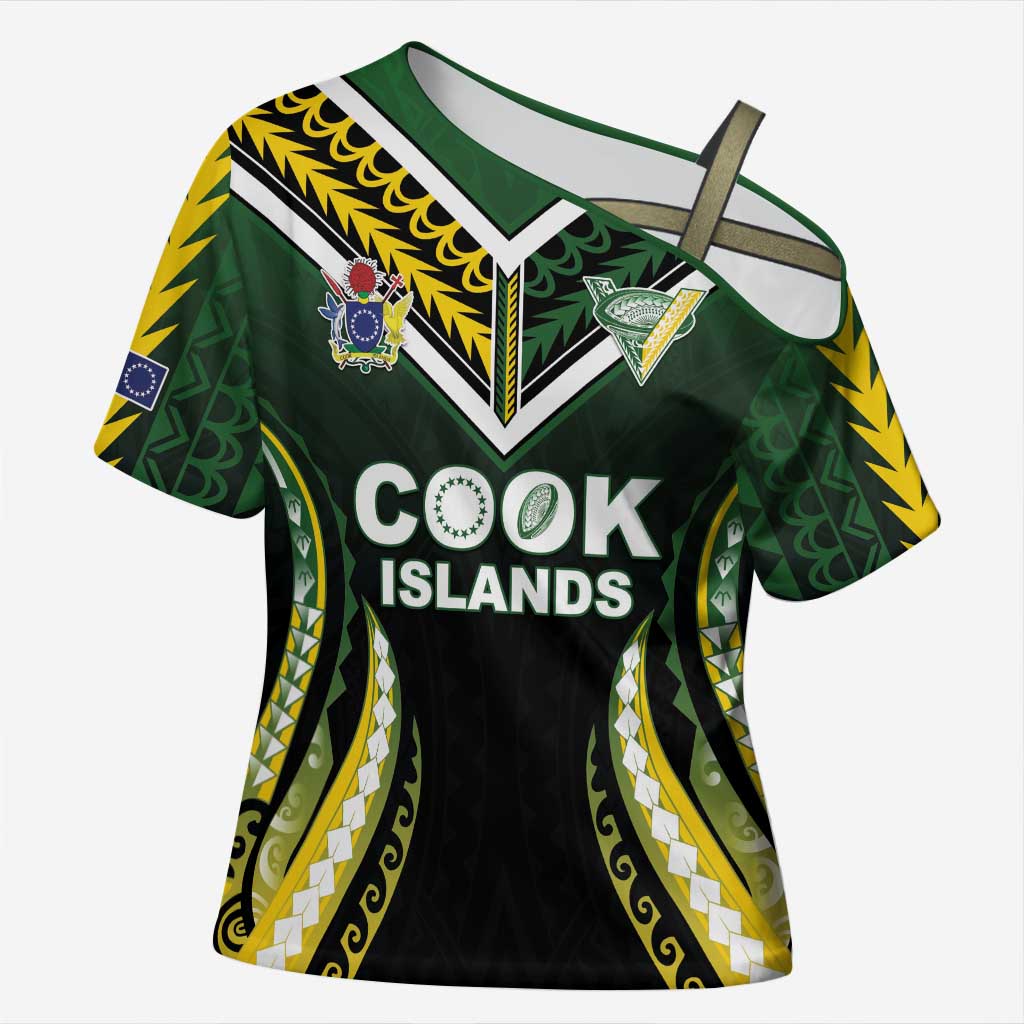 Custom Cook Islands Rugby Cross Shoulder Shirt Unique Style Black Version LT05 Female Black - Polynesian Pride