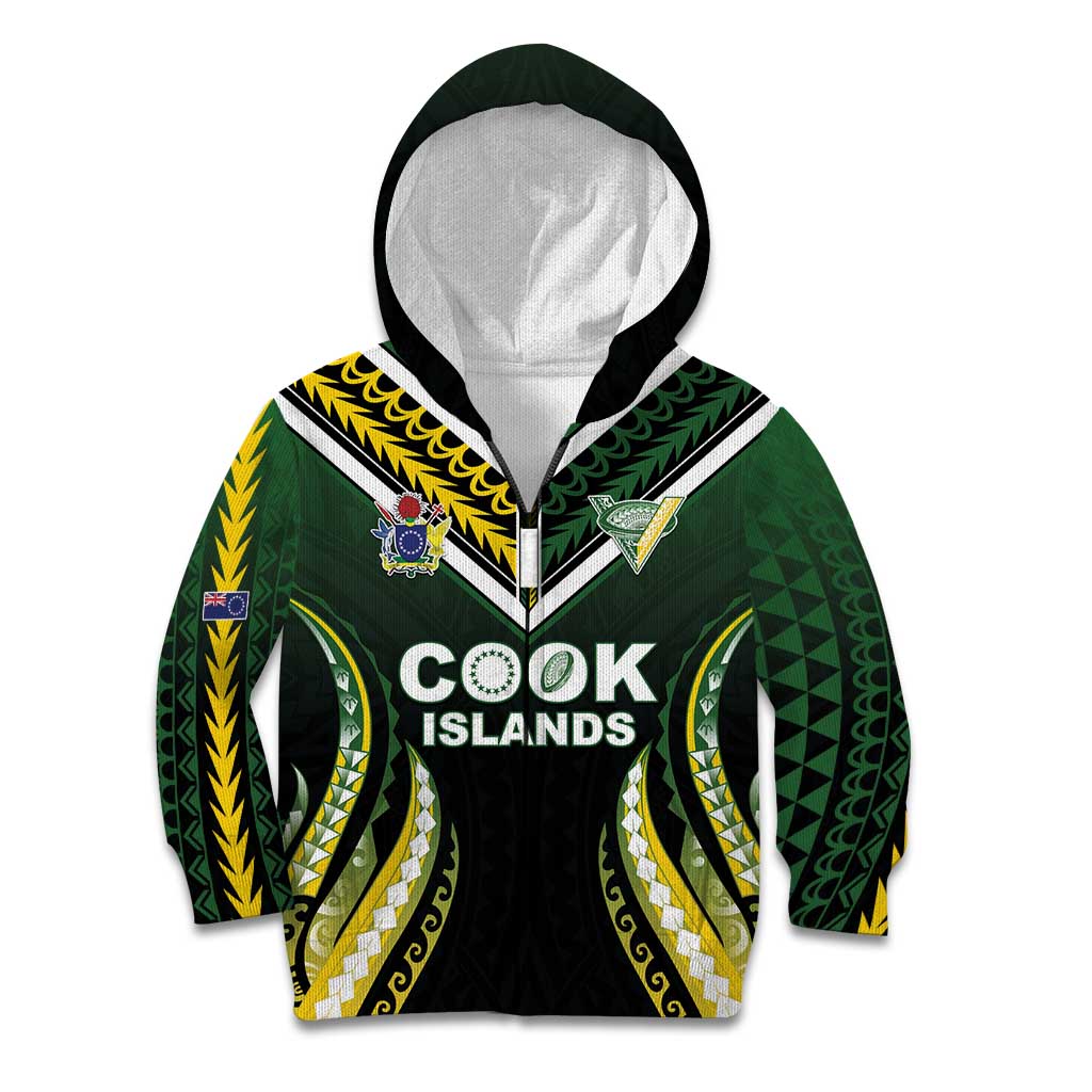 Custom Cook Islands Rugby Kid Hoodie Unique Style Black Version LT05 Zip Hoodie Black - Polynesian Pride