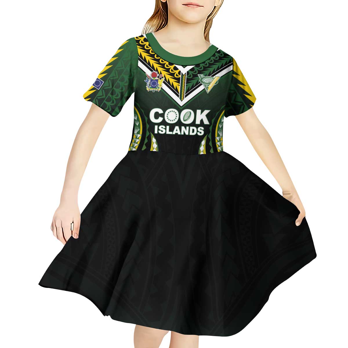 Custom Cook Islands Rugby Kid Short Sleeve Dress Unique Style Black Version LT05 - Polynesian Pride
