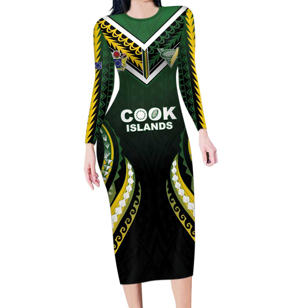 Custom Cook Islands Rugby Long Sleeve Bodycon Dress Unique Style Black Version LT05 Long Dress Black - Polynesian Pride