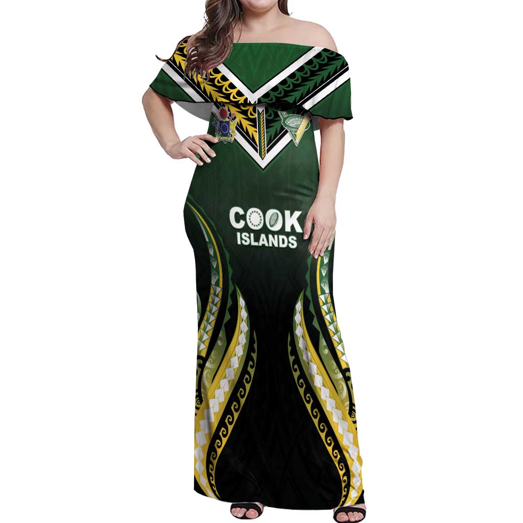 Custom Cook Islands Rugby Off Shoulder Maxi Dress Unique Style Black Version LT05 Women Black - Polynesian Pride
