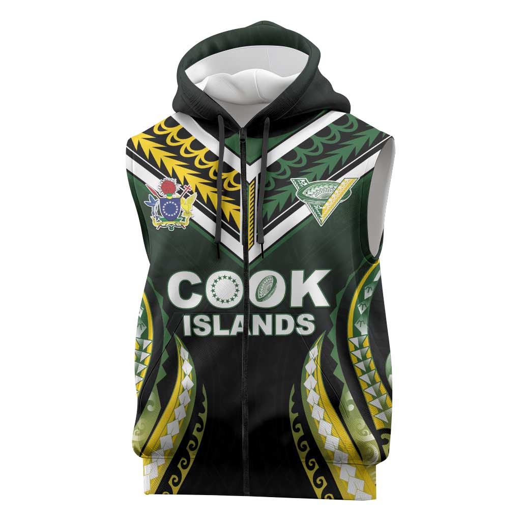 Custom Cook Islands Rugby Sleeveless Zip Hoodie Unique Style Black Version LT05 Black - Polynesian Pride