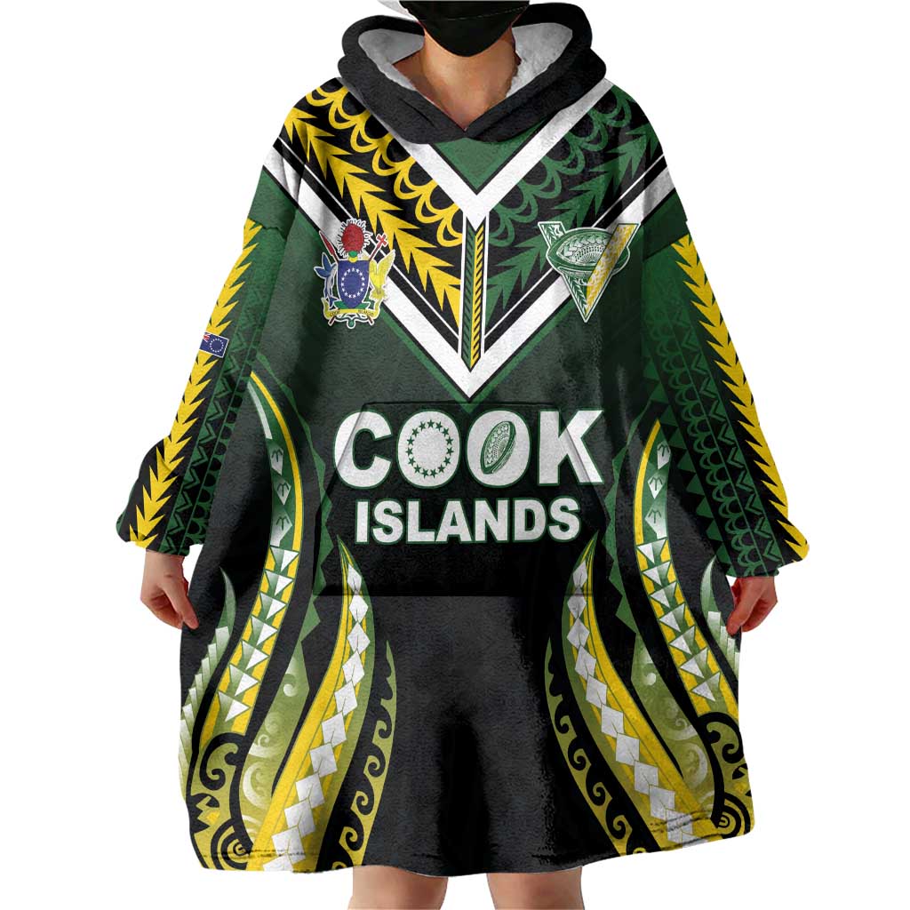 Custom Cook Islands Rugby Wearable Blanket Hoodie Unique Style Black Version LT05 - Polynesian Pride