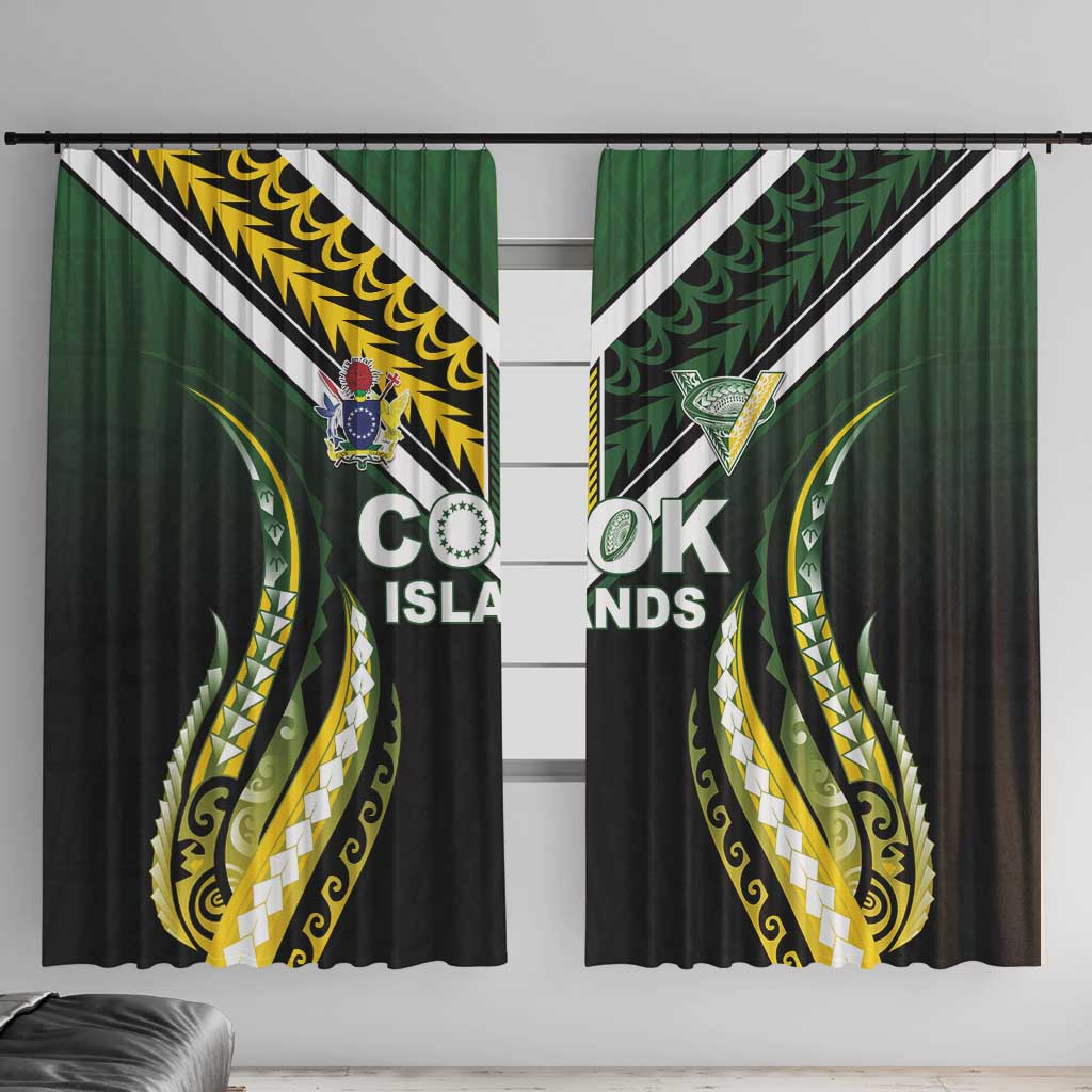 Cook Islands Rugby Window Curtain Unique Style Black Version LT05 With Hooks Black - Polynesian Pride