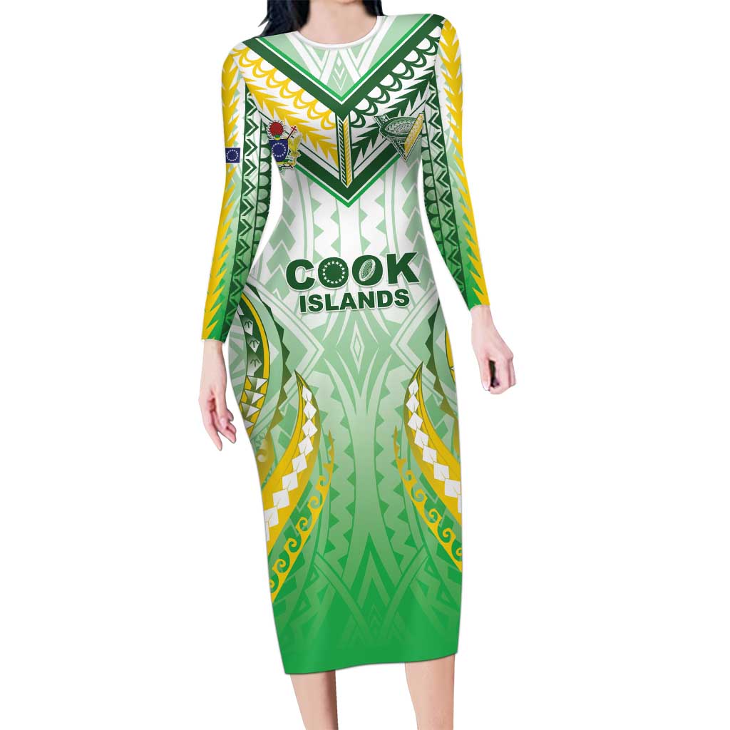 Custom Cook Islands Rugby Long Sleeve Bodycon Dress Unique Style White Version LT05 Long Dress White - Polynesian Pride