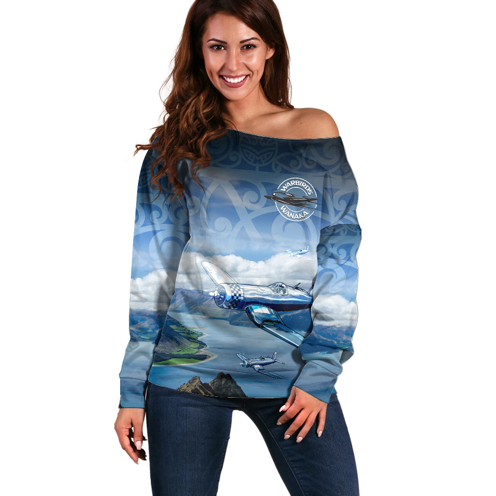 New Zealand Wanaka Air Show Off Shoulder Sweater With Maori Pattern LT05 Women Blue - Polynesian Pride