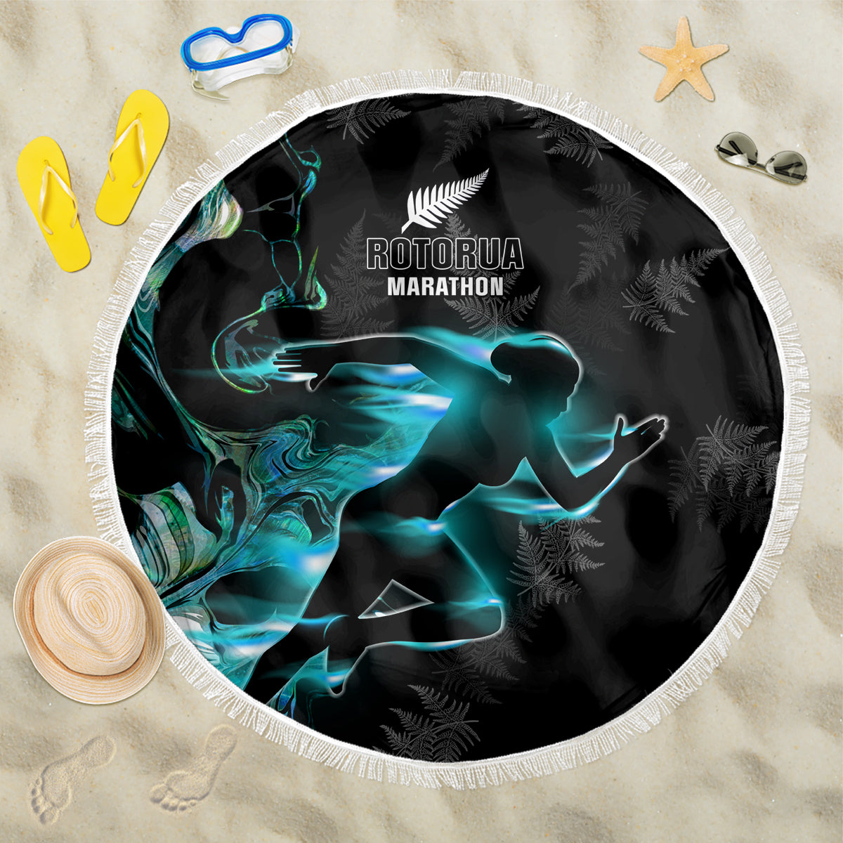 New Zealand Marathon Beach Blanket Silver Fern Paua Shell Simple Style LT05 One Size 150cm Black - Polynesian Pride