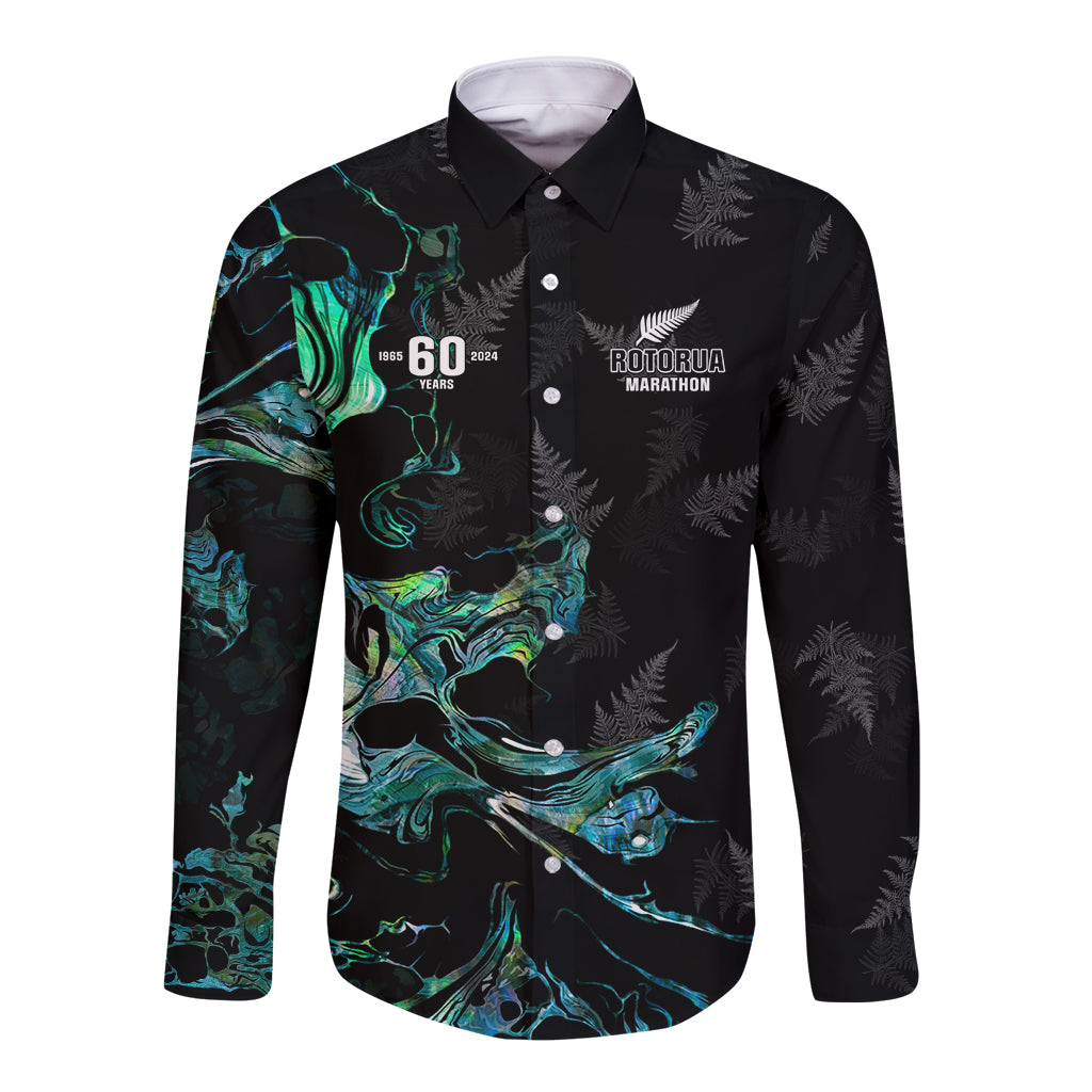 New Zealand Marathon Long Sleeve Button Shirt Silver Fern Paua Shell Simple Style LT05 Unisex Black - Polynesian Pride