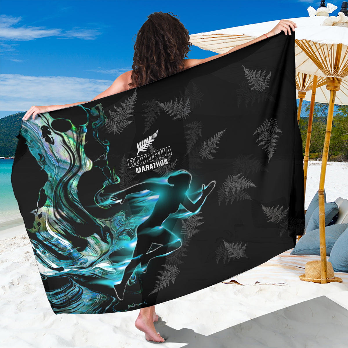 New Zealand Marathon Sarong Silver Fern Paua Shell Simple Style LT05 One Size 44 x 66 inches Black - Polynesian Pride