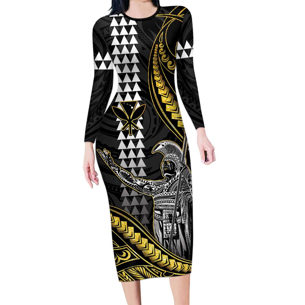 Hawaii King Kamehameha The Great Long Sleeve Bodycon Dress Gold Tribal Tattoo