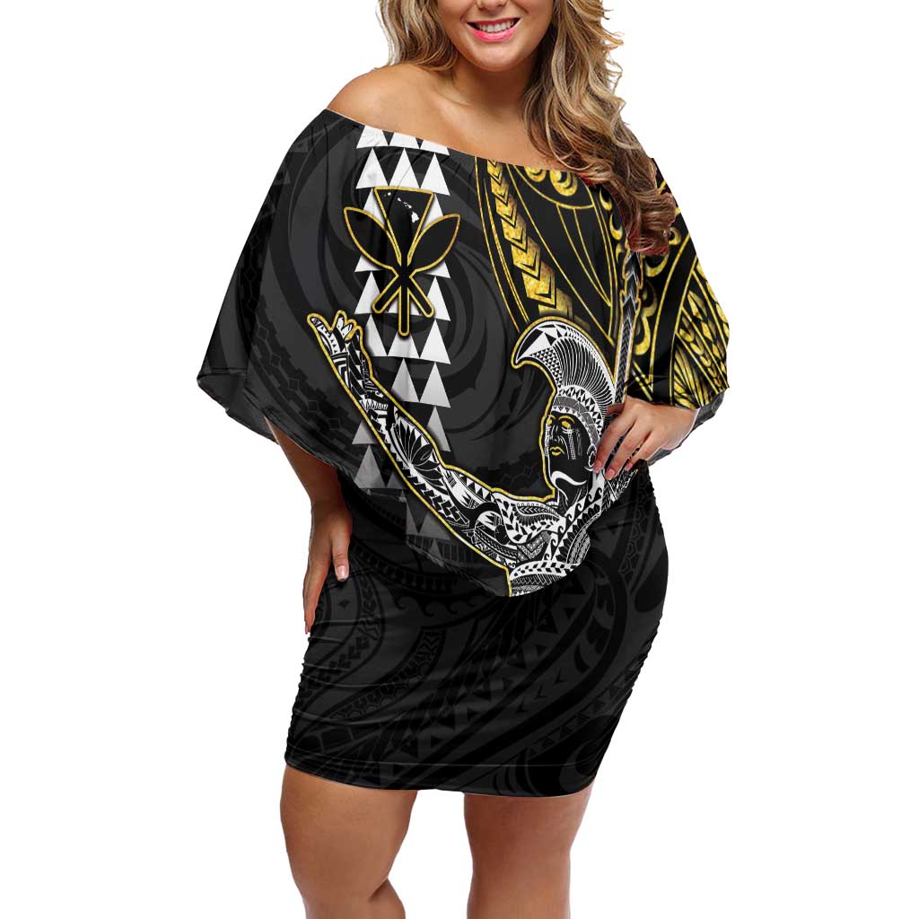 Hawaii King Kamehameha The Great Off Shoulder Short Dress Gold Tribal Tattoo