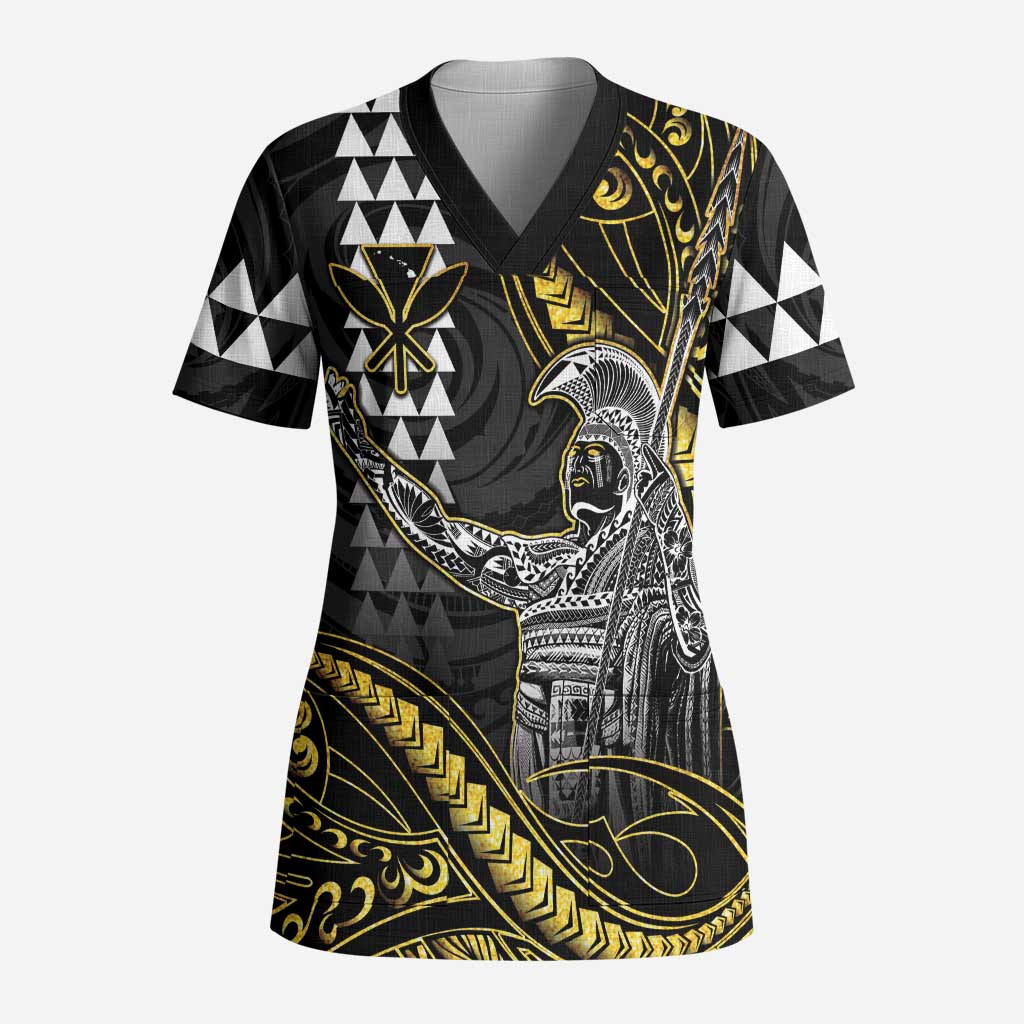 Hawaii King Kamehameha The Great Scrub Top Gold Tribal Tattoo LT05 Adult Gold - Polynesian Pride