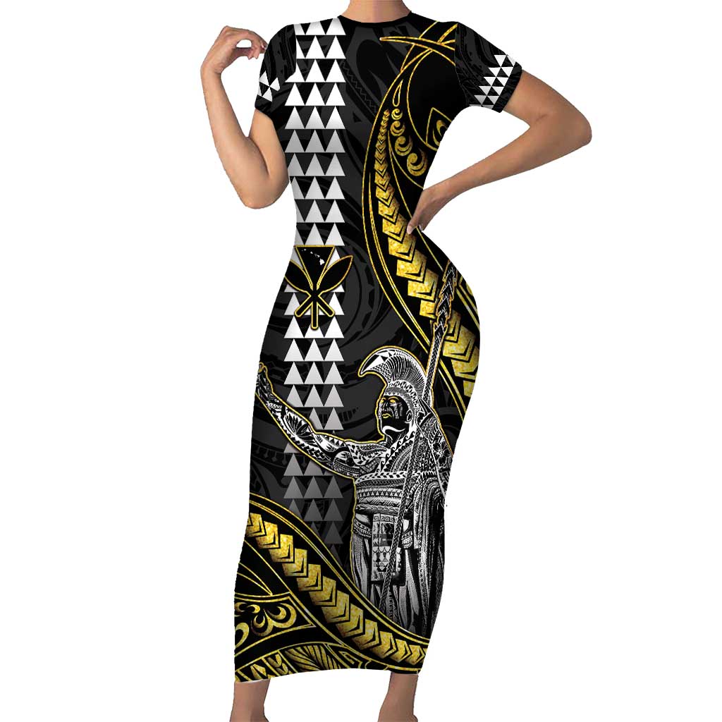 Hawaii King Kamehameha The Great Short Sleeve Bodycon Dress Gold Tribal Tattoo