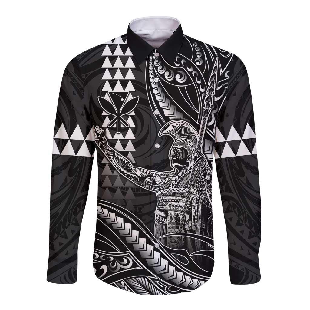 Hawaii King Kamehameha The Great Long Sleeve Button Shirt Black Tribal Tattoo LT05 Unisex Black - Polynesian Pride