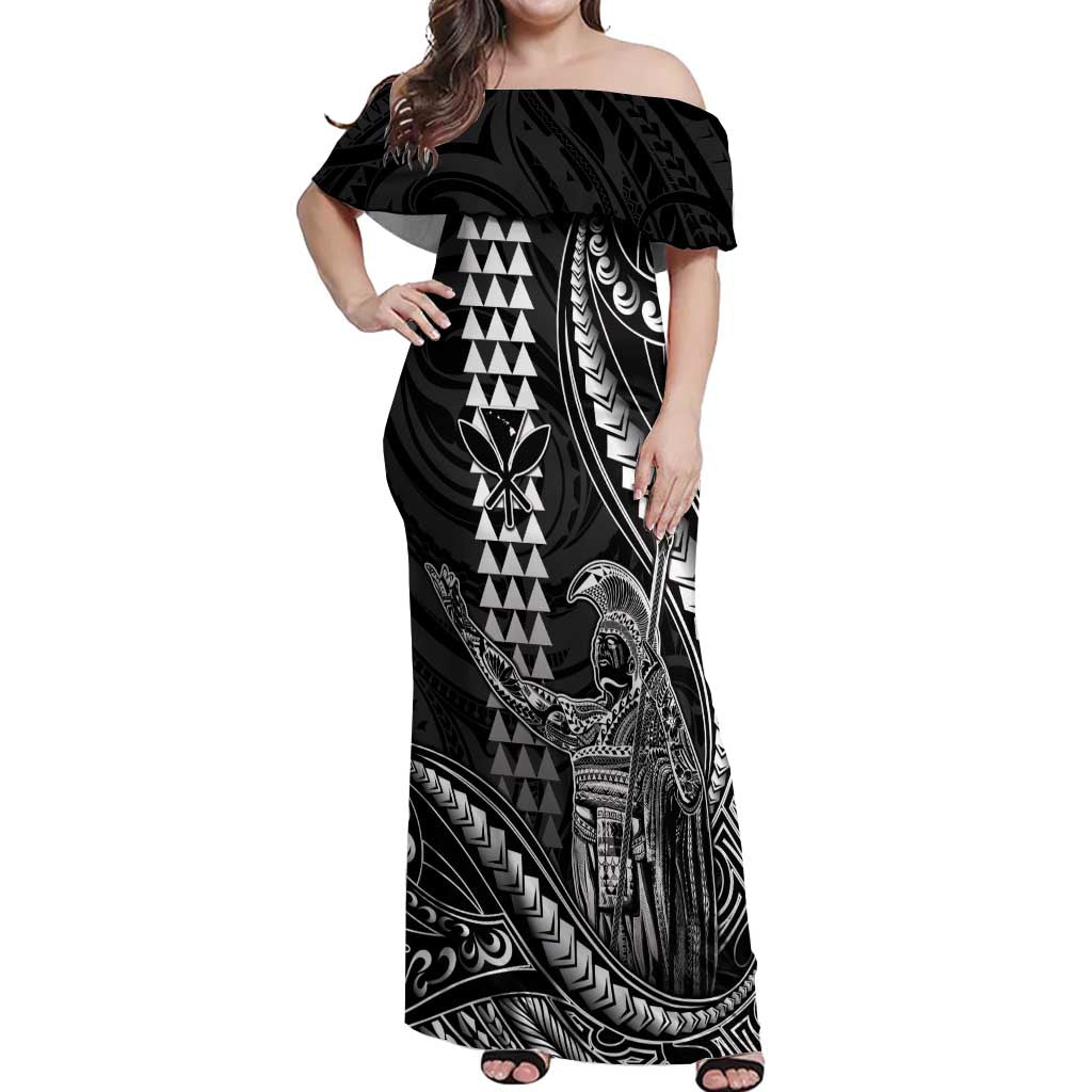 Hawaii King Kamehameha The Great Off Shoulder Maxi Dress Black Tribal Tattoo LT05 Women Black - Polynesian Pride