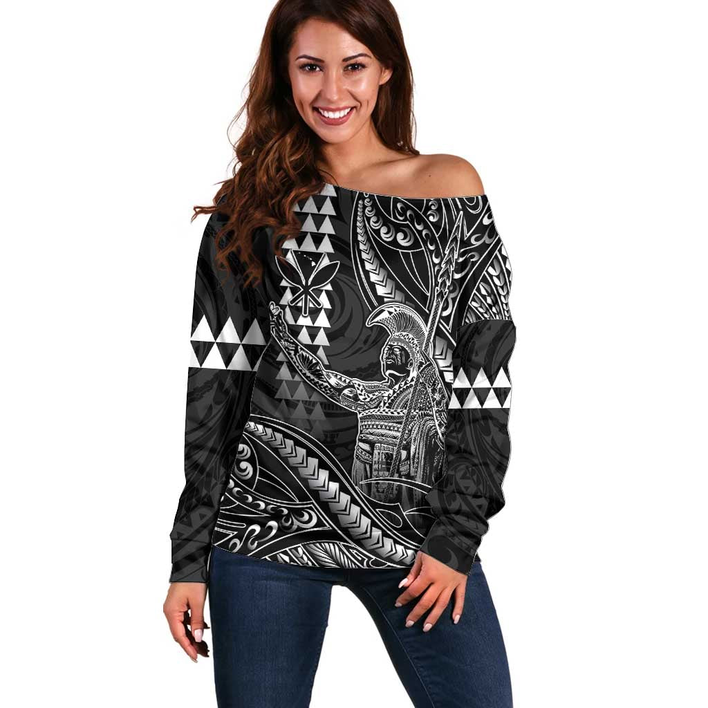 Hawaii King Kamehameha The Great Off Shoulder Sweater Black Tribal Tattoo