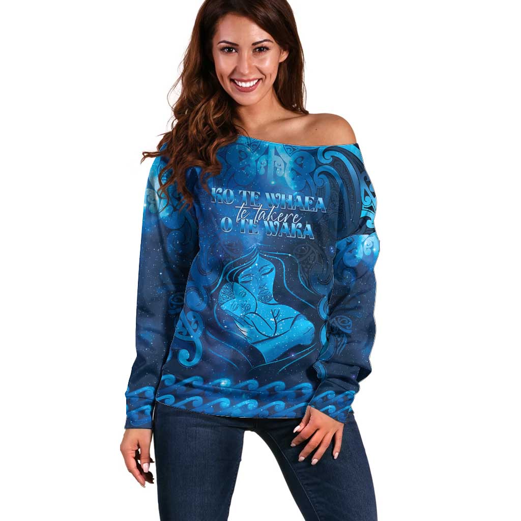Personalised New Zealand Mother's Day Off Shoulder Sweater Ko Te Whaea Te Takere O Te Waka LT05 Women Blue - Polynesian Pride