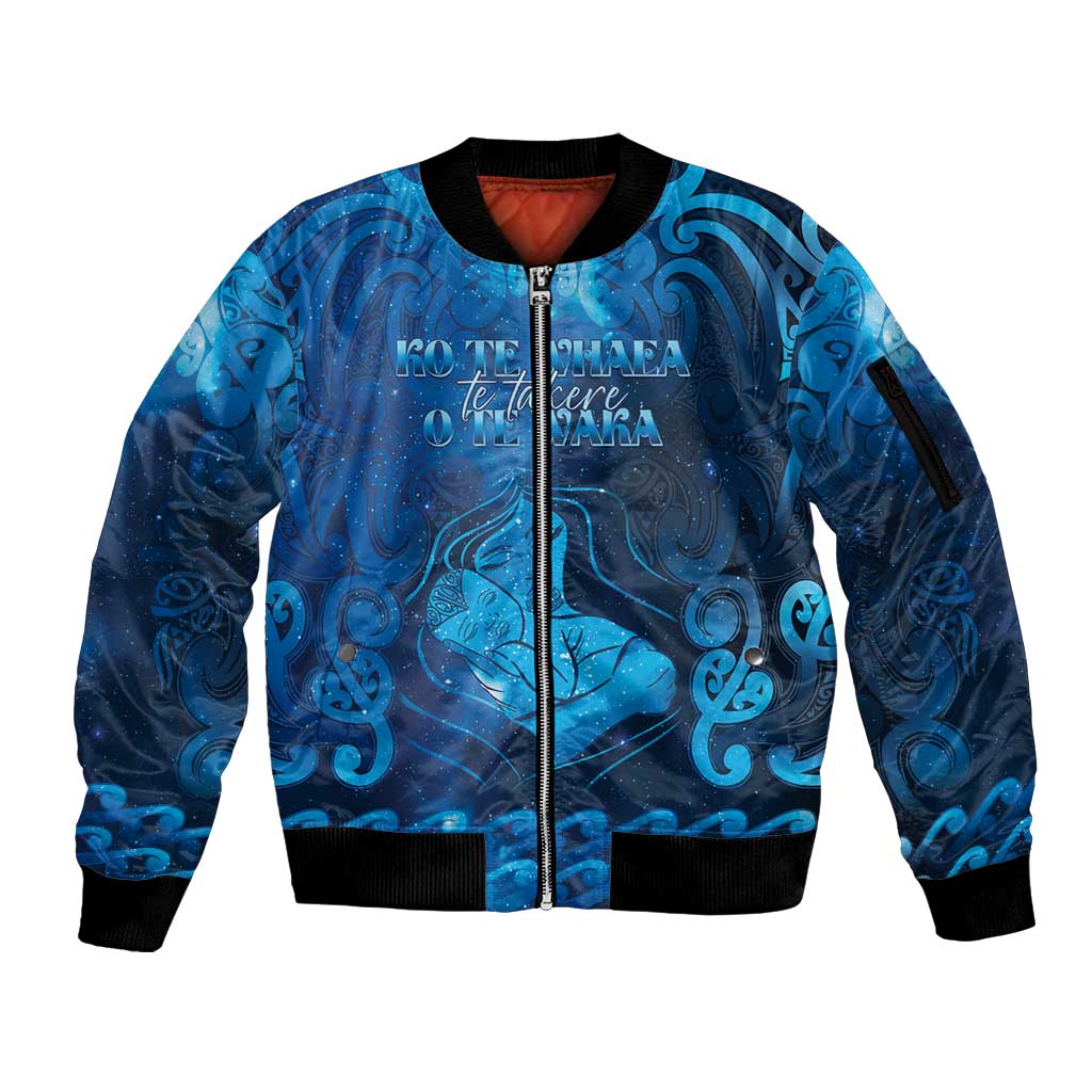 Personalised New Zealand Mother's Day Sleeve Zip Bomber Jacket Ko Te Whaea Te Takere O Te Waka LT05 Unisex Blue - Polynesian Pride