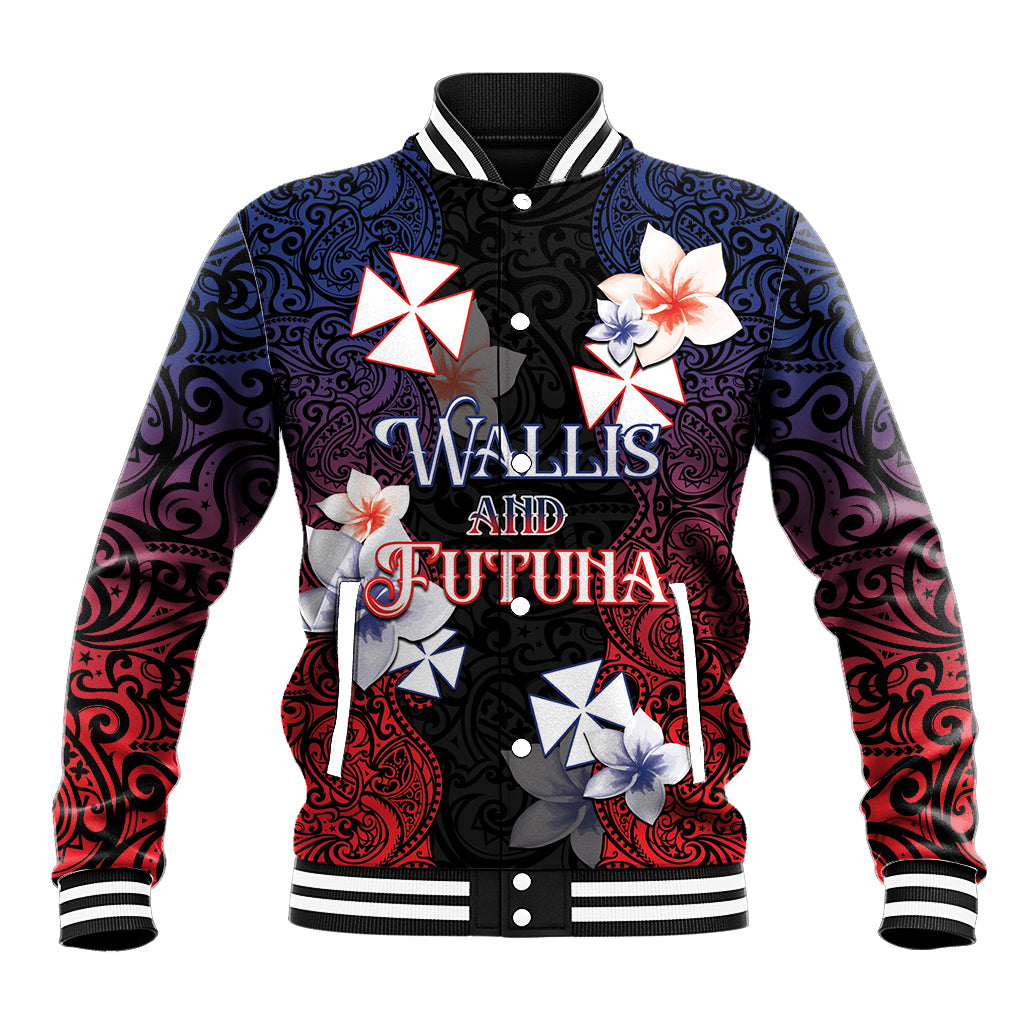 Wallis and Futuna Uvea Baseball Jacket Victory Day With Frangipani LT05 Unisex Black - Polynesian Pride