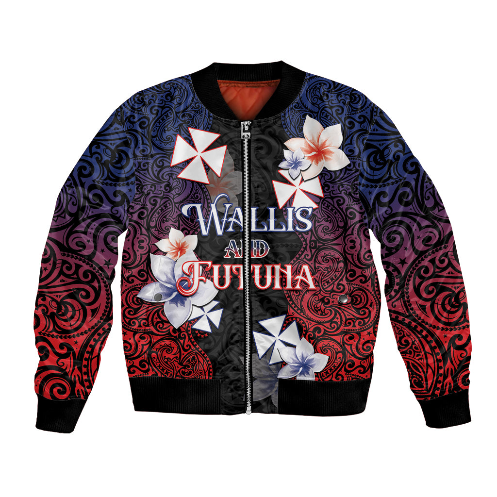 Wallis and Futuna Uvea Bomber Jacket Victory Day With Frangipani LT05 Unisex Black - Polynesian Pride