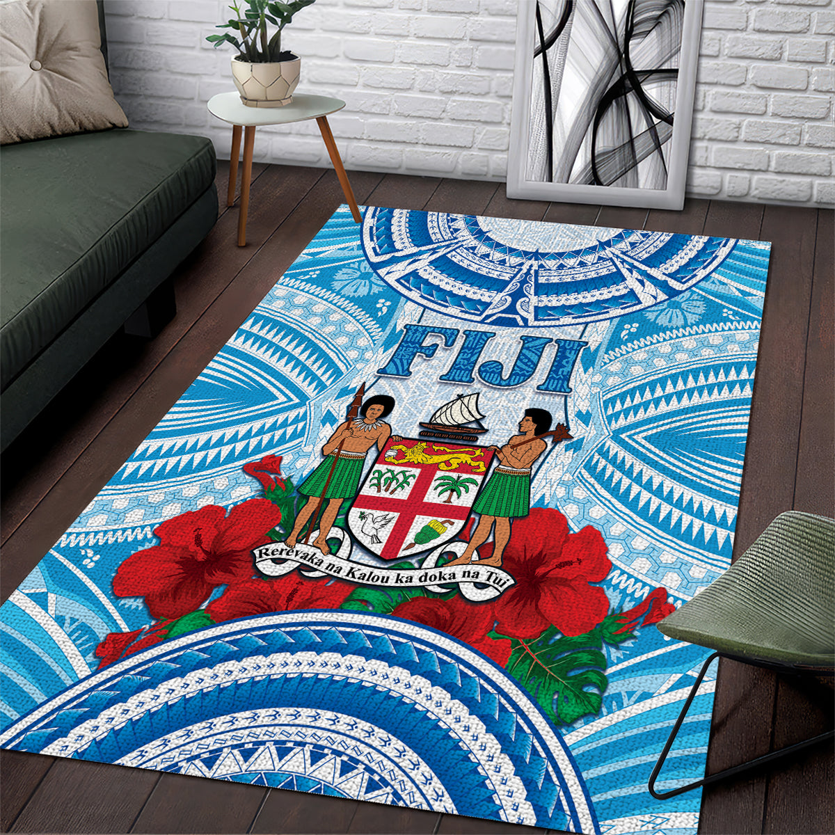 Fiji Ratu Sir Lala Sukuna Day Area Rug Hibiscus Tapa Pattern LT05 Blue - Polynesian Pride