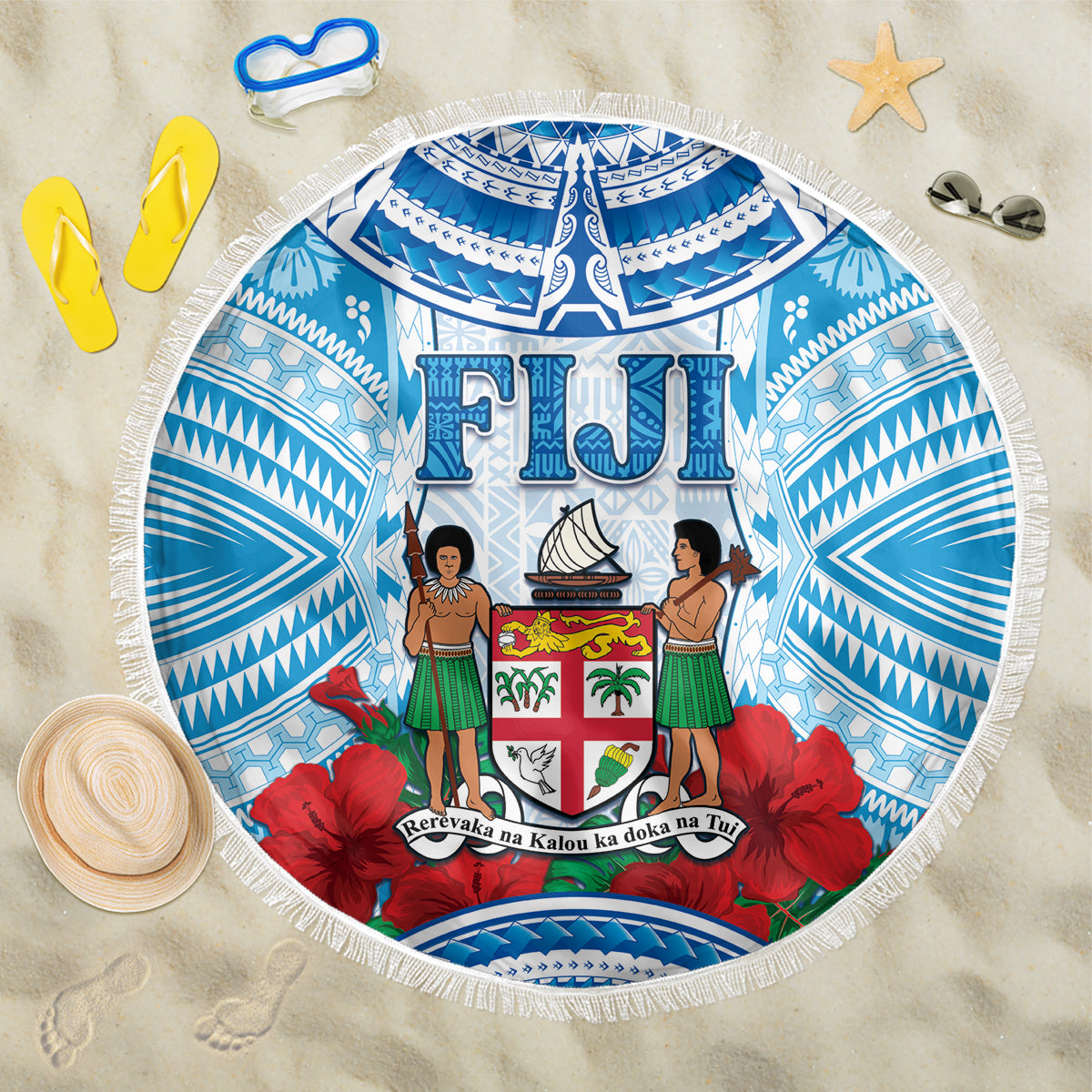 Fiji Ratu Sir Lala Sukuna Day Beach Blanket Hibiscus Tapa Pattern LT05 One Size 150cm Blue - Polynesian Pride