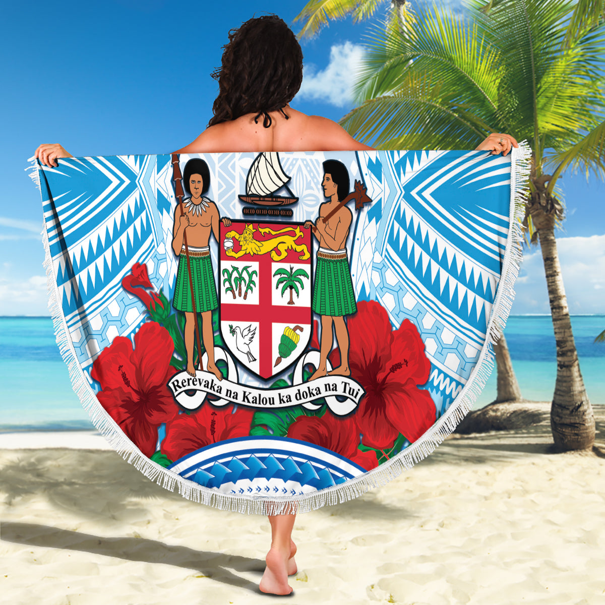 Fiji Ratu Sir Lala Sukuna Day Beach Blanket Hibiscus Tapa Pattern LT05 - Polynesian Pride