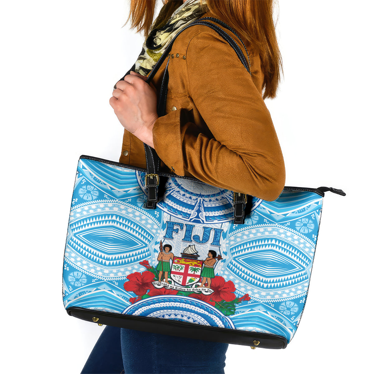 Fiji Ratu Sir Lala Sukuna Day Leather Tote Bag Hibiscus Tapa Pattern LT05 Blue - Polynesian Pride